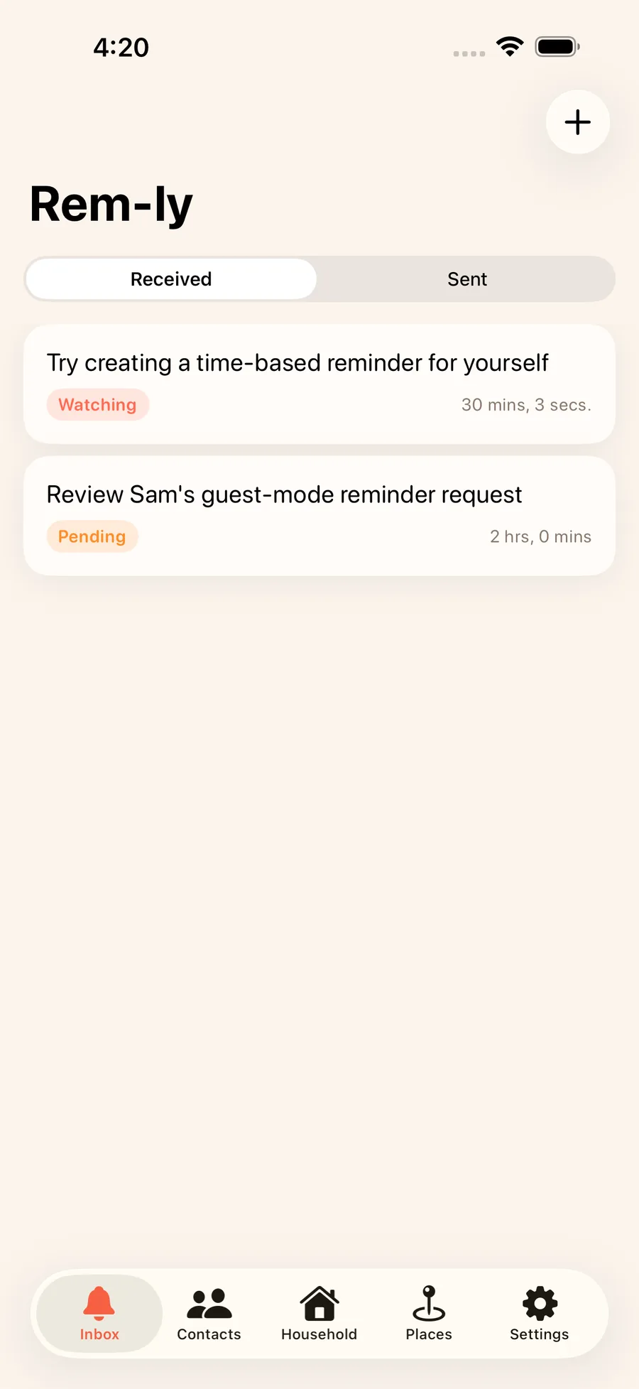 The Rem-ly inbox, showing reminders waiting on conditions rather than times.
